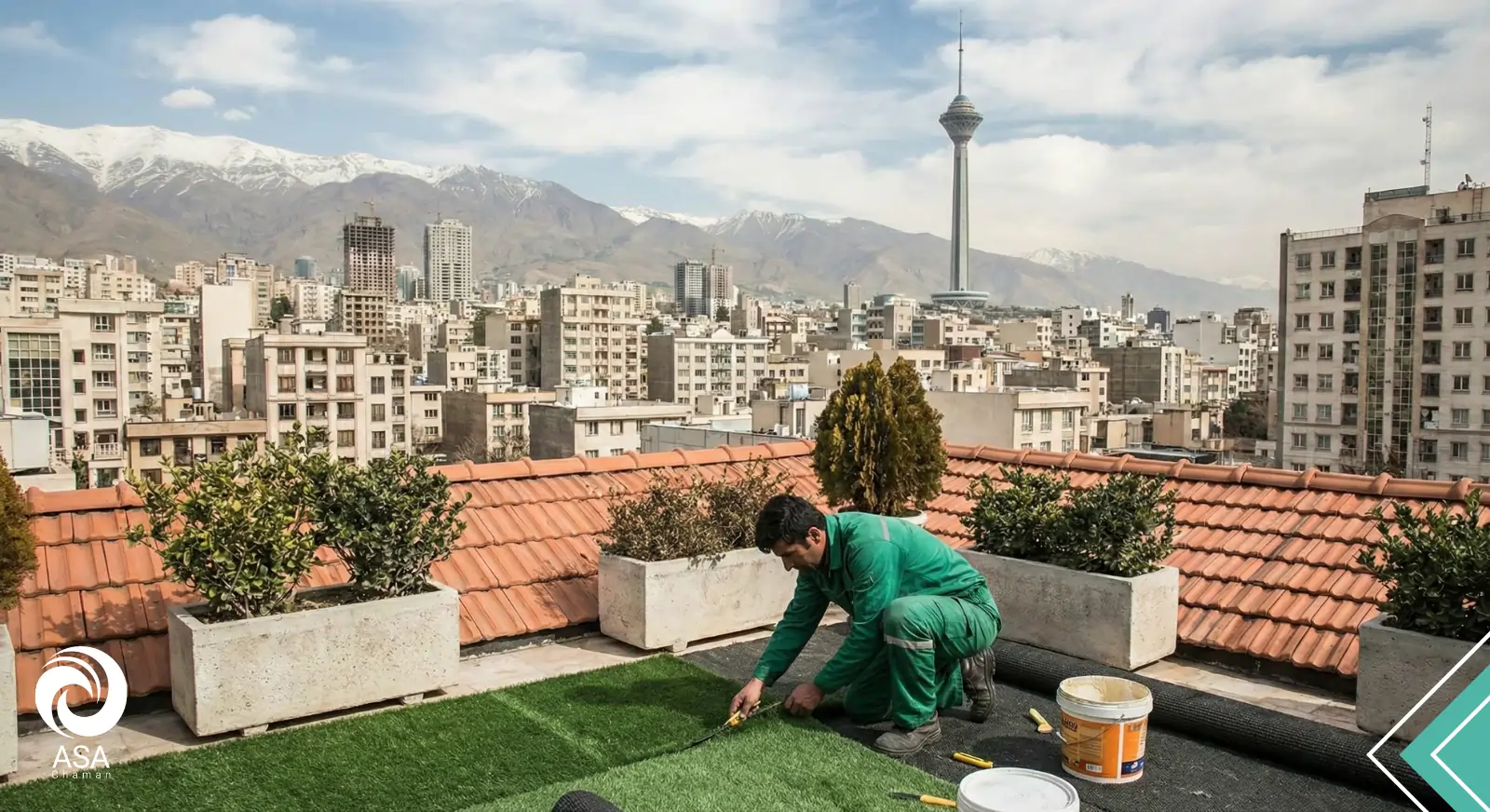 نمونه قبل و بعد اجرا چمن مصنوعی روف گاردن