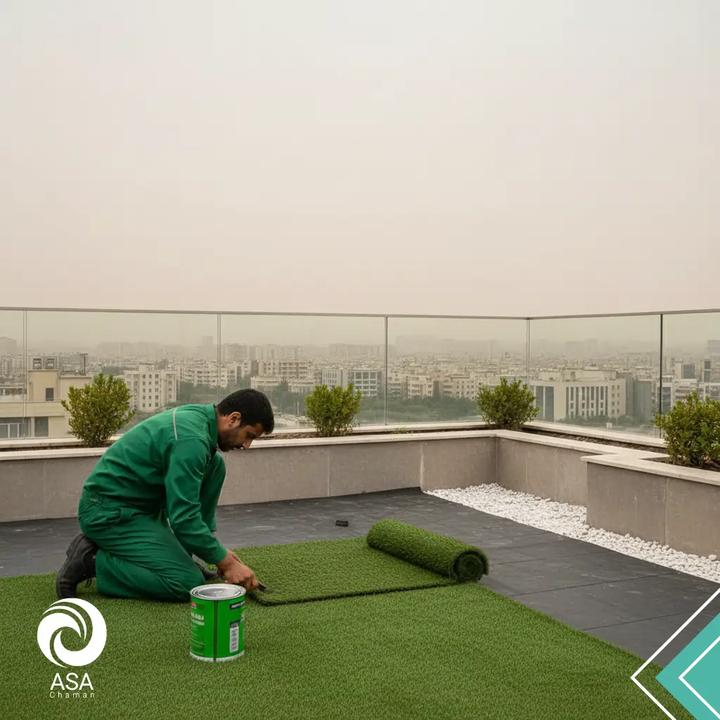 نمونه قبل و بعد اجرا چمن مصنوعی روف گاردن