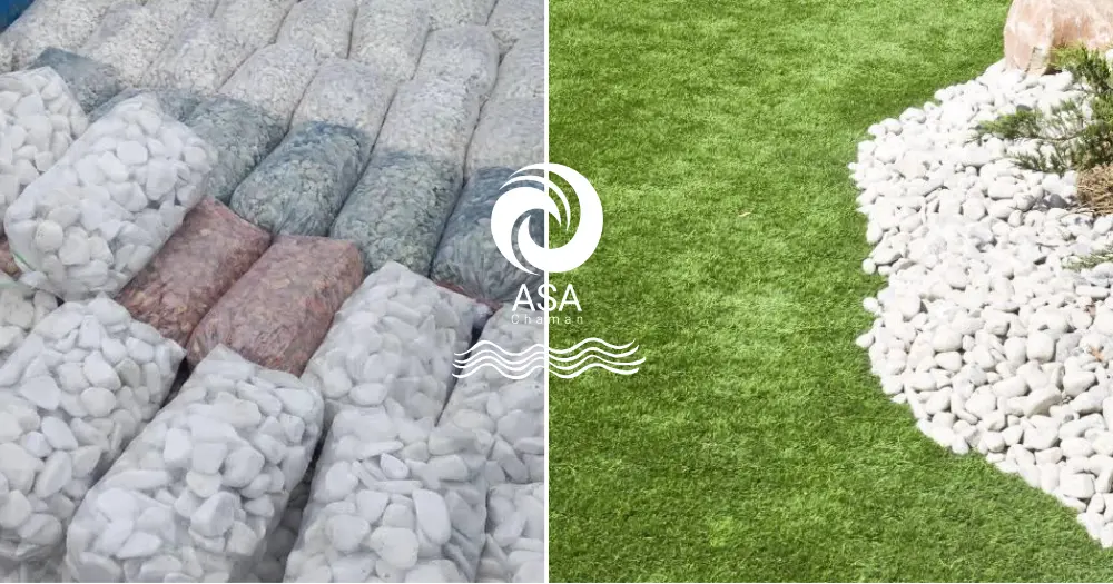 ترکیب چمن مصنوعی با سنگ قلوه در طراحی محوطه